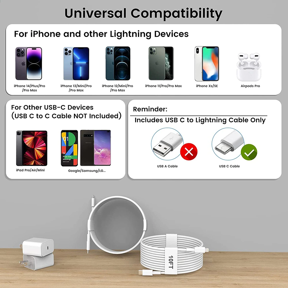 US Plug Power Adapter Micro USB to Lightning Cable for iPhone 11