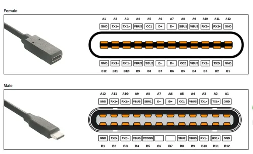 USB C Male and Female USB C pinout