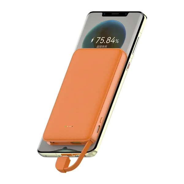 Portable PD fast charging 5000 mAh power bank with built-in Type-C cable Leather grain appearance - Image 6