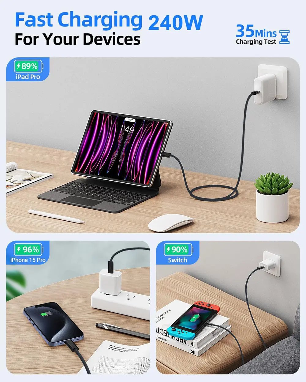 USB Type-C to Type-C Thunderbolt 4 Cable 240W 40Gbps 6